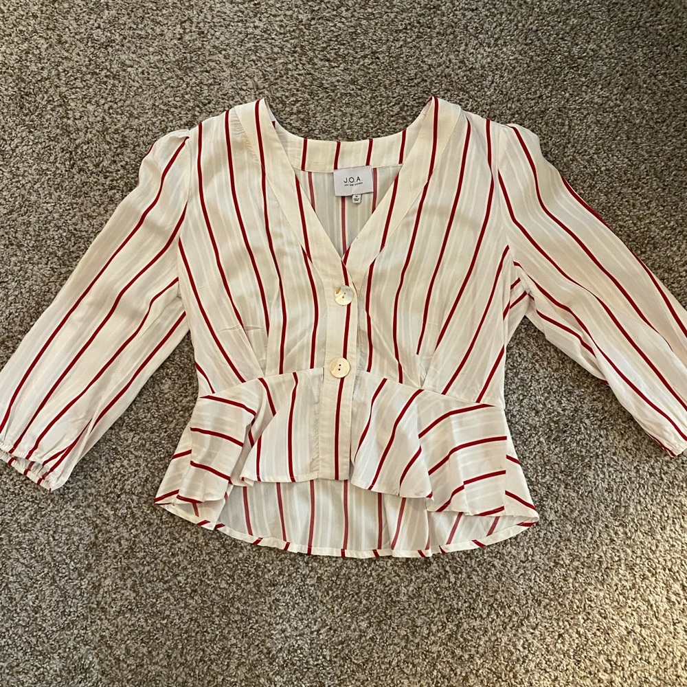 J.O.A. Red Peplum Blouse with V-Neck and Puff Sleeves